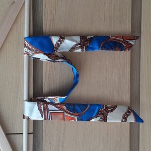 Twilly Scarf for head, hair, neck, bag accessory, blue & cream OSFA